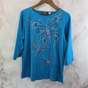 Bob Mackie Shirt Damen Small blau Schmetterling T-Shirt Artsy Art bestickt Pailletten - Bild 1 von 9