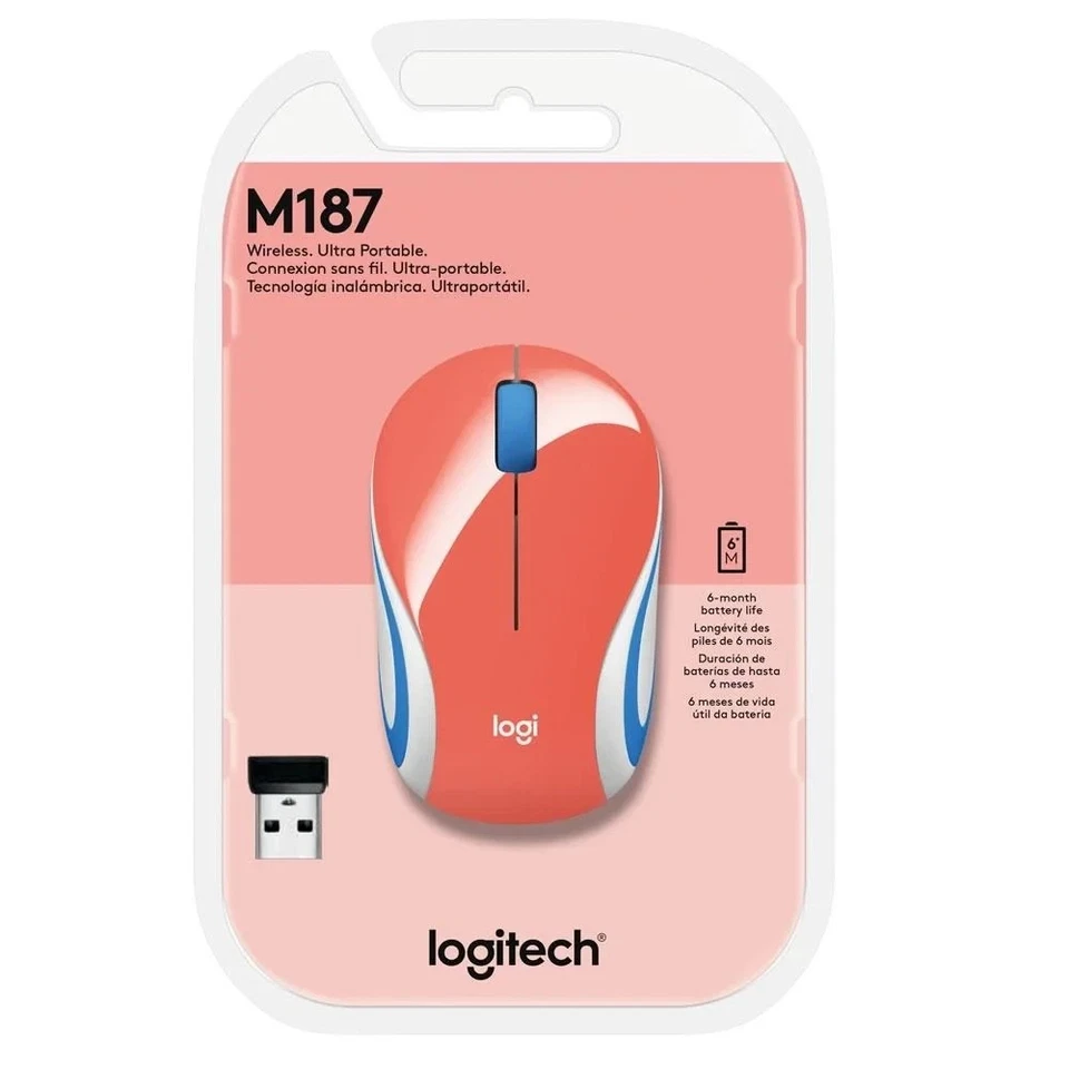 Logitech - M187 Mini Wireless Optical Ambidextrous Mouse-Coral- (pinkish-orange) - Image 1 of 4