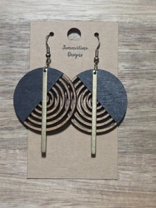 Hand Painted Laser Cut Wood Earrings Black & Oak Circle W Gold Adornment 1.5" - Picture 1 of 1