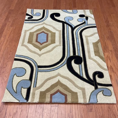 HERAT ORIENTAL Handmade 4x6 Tibetan Wool Rug - 4' x 6' Ivory/Black/Blue 4' x 6' Foto 1 de 4