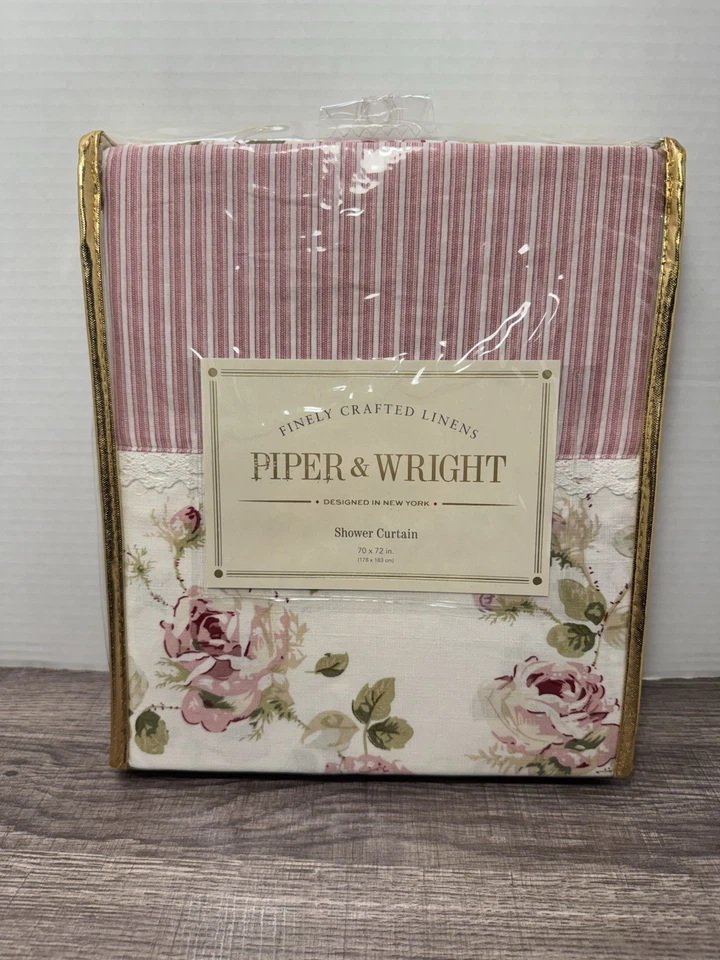 Cortina de Ducha Piper & Wright Rosalie Rosa y Blanco Floral/Rayas 100% Algodón Foto 1 de 4