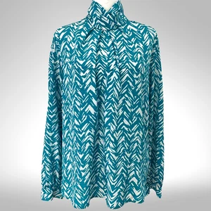 VTG 1980s Aqua/White Metallic Satin Blouse Retro Statement Nordstrom Mock Neck M - Picture 1 of 14