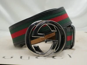 GUCCI Interlocking G sherry line belt accessory black hardware silver #6069P - Picture 1 of 23