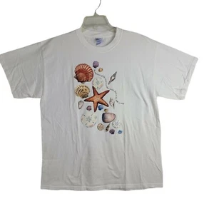 Scattered Shells Prints T Shirt Top Size L Crew Neck Short Sleeve Cotton White - Picture 1 of 11