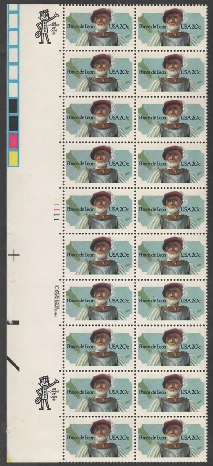 US Scott #2024 "Ponce De Leon" Plate block of 20, MNH - Image 1 of 1