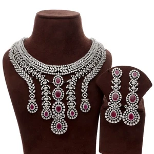 Gorgeous Cubic Zirconia Red Layered Bridal Necklace Earring Set - Picture 1 of 10