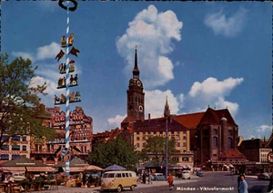 1965 MÜNCHEN Viktualienmarkt Postkarte mit Auto Volkswagen VW T1 Bulli Bully - Picture 1 of 2