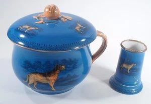 Antique James Edwards & Son Dale Hall Chamber Pot Set Shaving Cup Hunting Dog - Picture 1 of 12
