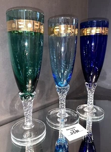 3 SEKTGLÄSER BLAU GRÜN GEÄTZT GOLDBAND SPIRALSTIEL VINTAGE - Bild 1 von 7