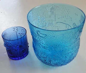 2 Vintage MCM Modern Oiva Toikka Nuutajarvi Finnland Blau Fauna Glas Schale Flora Tasse - Bild 1 von 10