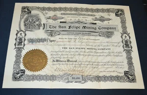 The San Felipe Mining Company 1909 stock certificate - Picture 1 of 1
