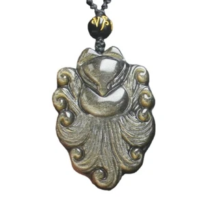 Gemstone crystal Natural gold Obsidian Nine Tail fox Necklace Pendant with Chain - Bild 1 von 7