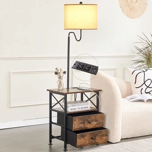 End Table with Lamp, Floor Lamp with Table Attached, Rustic Bedside Nightstan... - Picture 1 of 9