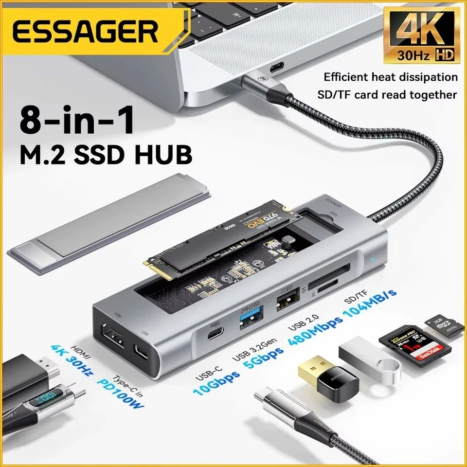 Hub USB-C Essager 8in1 Dock Station con storage HDMI per MacBook Pro/Air - Immagine 1 di 4