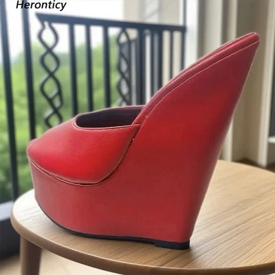 Handmade Women Summer Mules Sandals 20CM Wedges High Heel Peep Toe Shoes - Photo 1/4