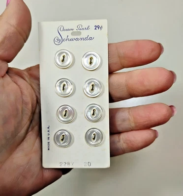 Vintage Schwanda Ocean Pearl White Carded Buttons x 8 Pieces 2-Hole 7/16" B4 - Image 1 of 4