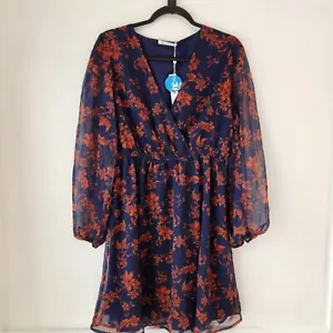 NWT Cupshe Floral Chiffon A-Line Dress Boho Cocktail Beachy Navy Blue Women's L - Picture 1 of 11
