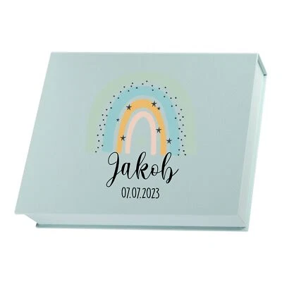 Personalisierte Erinnerungsbox aus Leinen | Motiv Regenbogen Sterne - Bild 1 von 3