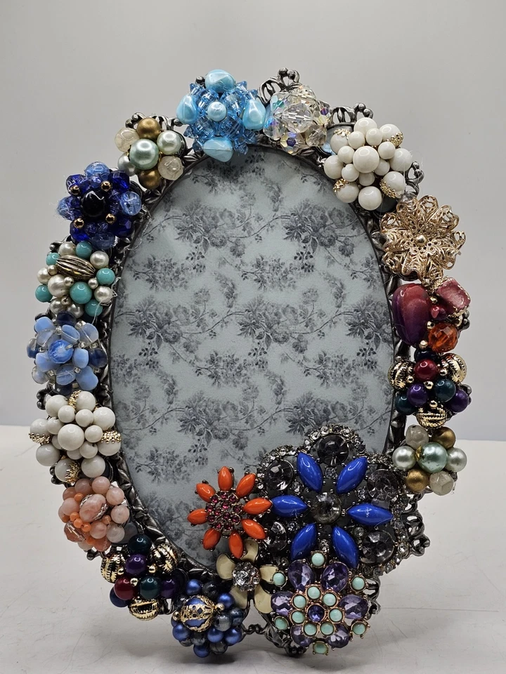 Vintage Jeweled Assemblage Picture Frame Blue White Rhinestone Bead Floral OOAK - Image 1 of 4