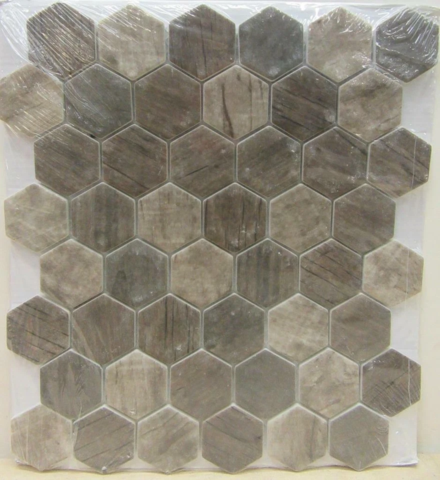 Driftwood Hexagon 11.02" x 12.76" Matte Recycled Glass Mesh-Mounted Mosaic Tile - Image 1 of 4