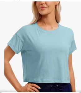 CRZ YOGA Pima Cotton Women's Workout Short Sleeve Shirts Crew Neck Crop Tops - Picture 1 of 8