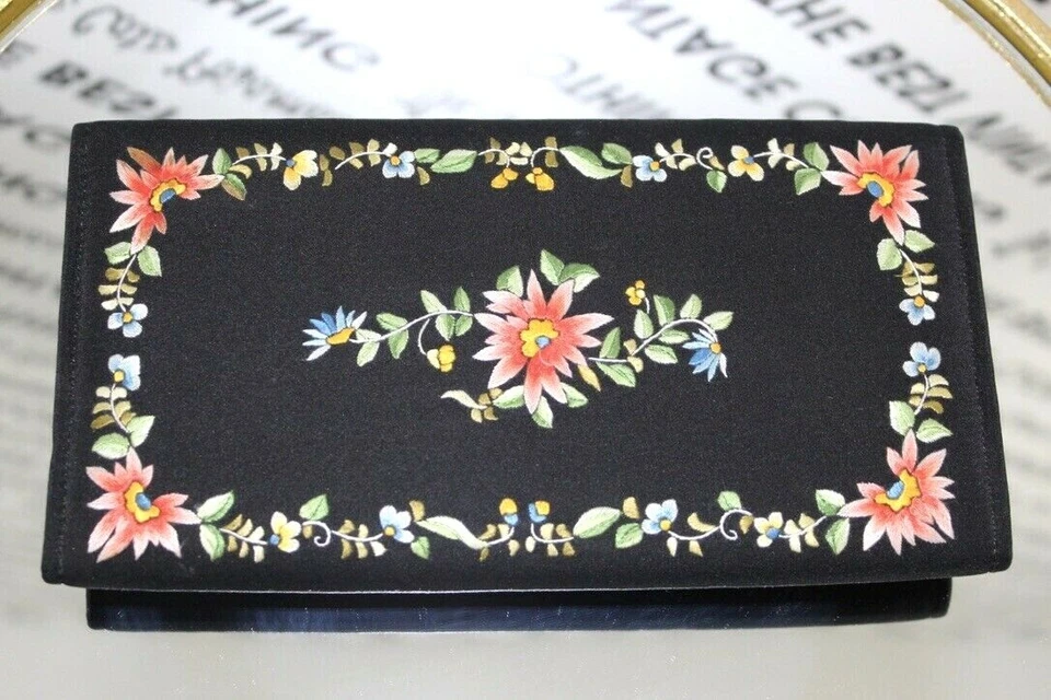 Vintage RETRO Clutch Purse Black w Colorful Floral Embroidery Hong Kong 60s NOS - Image 1 of 4