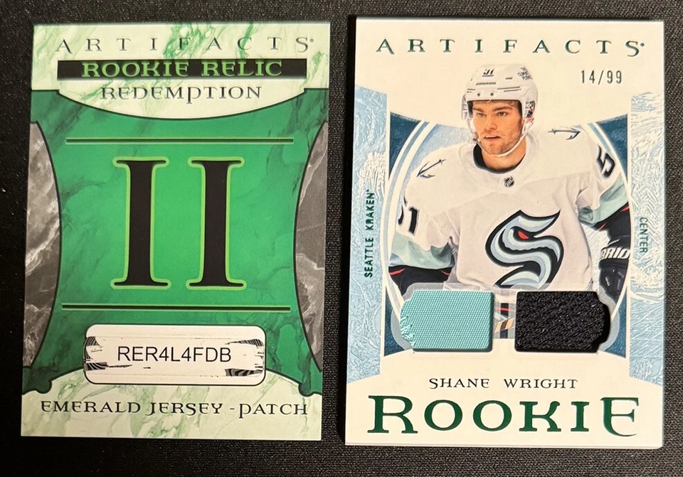 22-23 Artifacts Shane Wright Rookie Emerald II Jersey 14/99 & Redeem II Card Set - Image 1 of 2