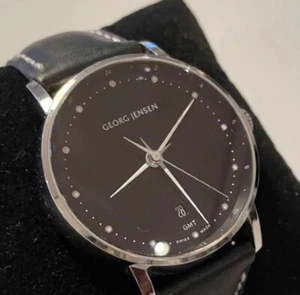 Georg Jensen # 519 Koppel GMT Dual Time Watch Black Leather quartz Authentic - Picture 1 of 24