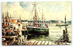 Seascape Aquarell Küste Marine Kunst Boote Dock James Murray Postkarte A187 - Bild 1 von 2