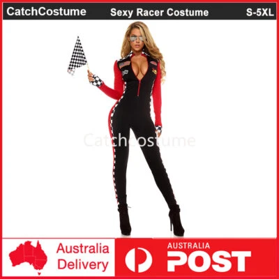 Adult Women Sexy Racer Costume Race Car Driver Jumpsuit Halloween Party Costume - Image 1 of 4