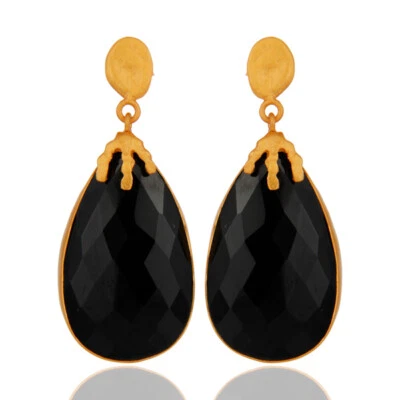 Gorgeous Black Onyx Gemstone Gold Plated Gift Women Dangle Earring Anniversary - Image 1 of 4