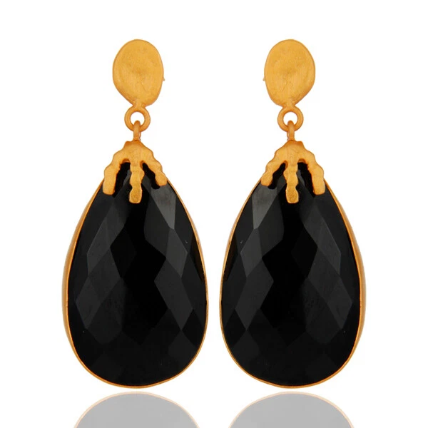 Gorgeous Black Onyx Gemstone Gold Plated Gift Women Dangle Earring Anniversary - Image 1 of 4