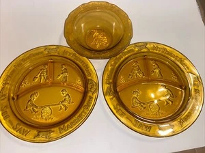 Vintage Green Glass Lot 2 Divided Plates And 1 Bowl Mother Goose Margery Daw - Picture 1 of 7