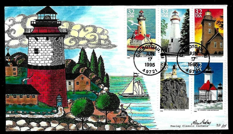 2969 - 2973 32c Stamp Set (1995) THE GREAT LAKES LIGHTHOUSES FDC BY FRAN PASLAY - Image 1 of 1