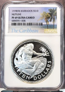 1978 BARBADOS SILVER 10 DOLLARS NEPTUNE NGC PF 69 ULTRA CAMEO SCARCE TOP POP - Picture 1 of 3