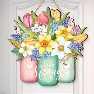 Spring Flower Door Sign Easter Bunny Decor Hello Spring Decorations Welcome Sign - Picture 1 of 12