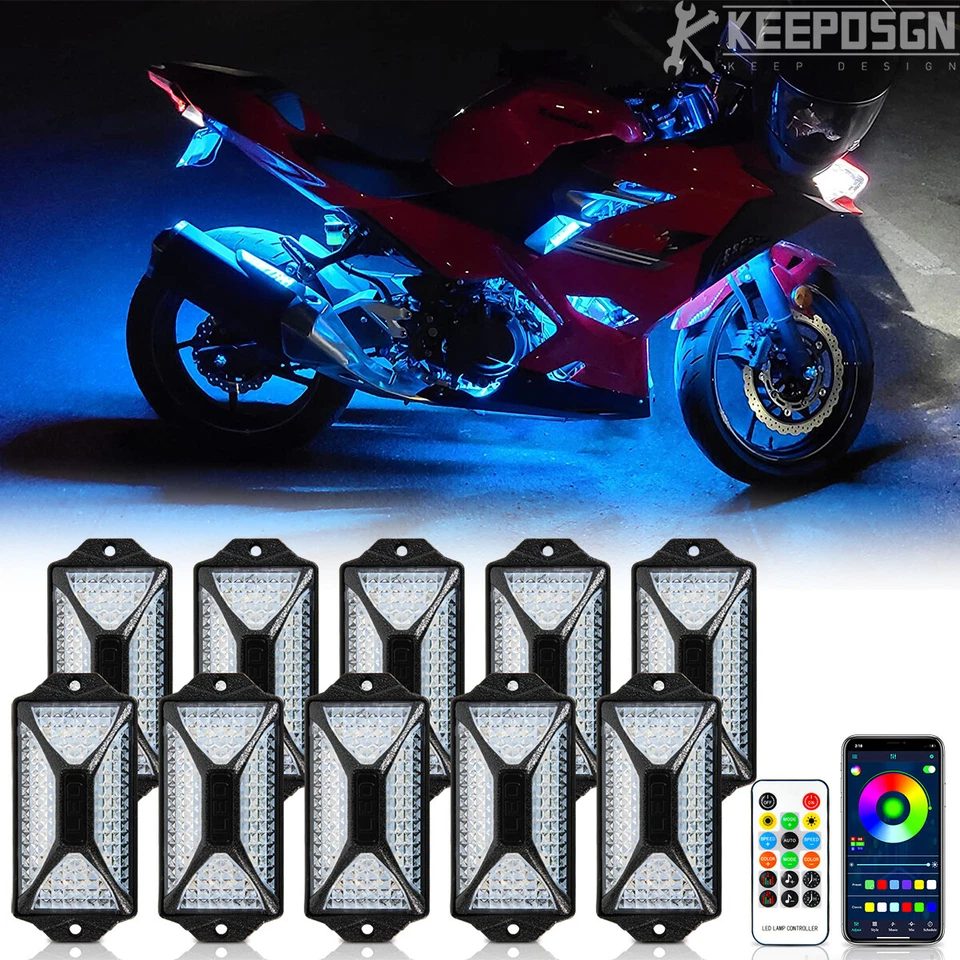 For Kawasaki Ninja 650 400 300 250 ZX-10R 10PCS RGB LED Rock Light Underglow Kit - Image 1 of 4