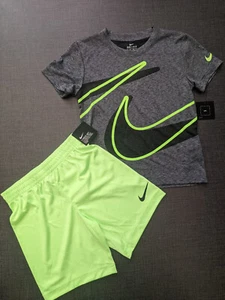 NWT Nike Boy Shirt & Shorts Set Gray, Black & Neon Green DRI-FIT 6 - Picture 1 of 4