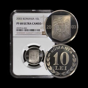 ROMANIA. 2003, 10 Lei - NGC PF68 - Crowned Eagle Coat of Arms, Olive Branch RARE - Picture 1 of 5