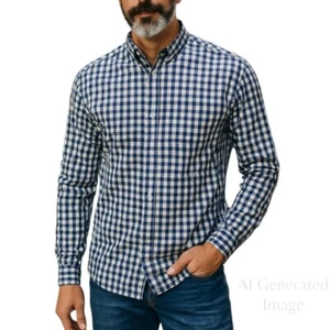 Camicia Orvis uomo Heritage popeline vestibilità attiva manica lunga blu check taglia XL - Foto 1 di 11