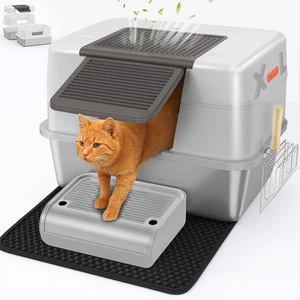 Caja de arena para gatos XL de acero inoxidable cerrada de metal grande antiadherente a prueba de fugas - Imagen 1 de 12