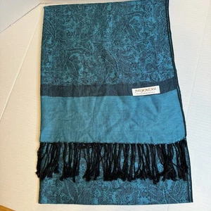 Pashmina Scarf and Wrap 70% Pashmina 30% Silk Teal & Black Pattern Fringe - Picture 1 of 5