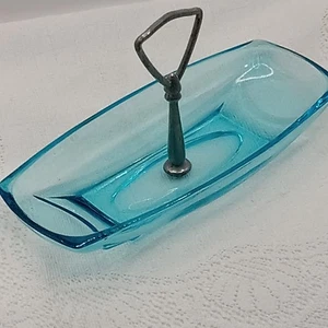 Hazel Atlas CAPRI BLUE Glass Relish Candy Nut Rectangle Serving Tray w/Handle - Picture 1 of 8