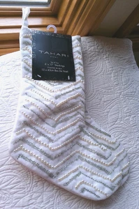 TAHARI HOME LUX SET OF 2 6" X 17" CHRISTMAS STOCKINGS FAUX PEARL & SILVER BEAD - Picture 1 of 7