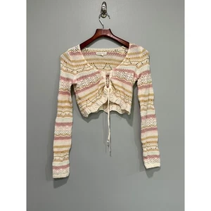 Aeropostale Crochet Knit Crop Top Tie Front Long Sleeve Striped - Size S - Picture 1 of 5