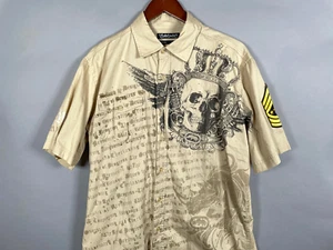 Ecko Unltd. Skull Wings Military Short Sleeve Shirt Adult Large Beige Y2K Cotton - Picture 1 of 11