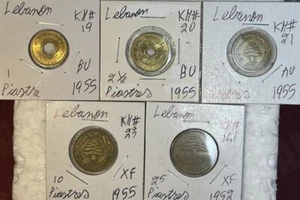 1952 - 1955 Lebanon 1, 2.5, 5, 10 & 25 Piastres XF - BU Condition 5 Coin Lot - Picture 1 of 12
