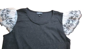 Milk & Honey Rundhals schwarz Bluse Shirt Top Gr. M Voile Flatter Rüschenärmel - Bild 1 von 6