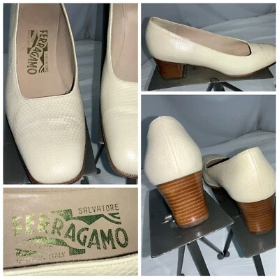 Zapatos de tacón Ferragamo 7,5 AA marfil guijarro cuero bloque Italia YGI K0S-13 Foto 1 de 4
