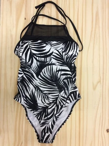 Traje de baño de una pieza Lauren Ralph Lauren estampado de palma cuello alto, negro/blanco talla 14 - Imagen 1 de 6